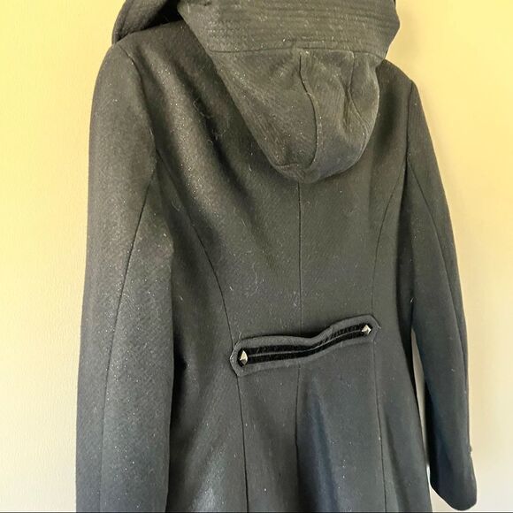 Guess Los Angeles Black Wool Blend Sparkle Hooded Mid-Length Coat - Picture 12 of 13
